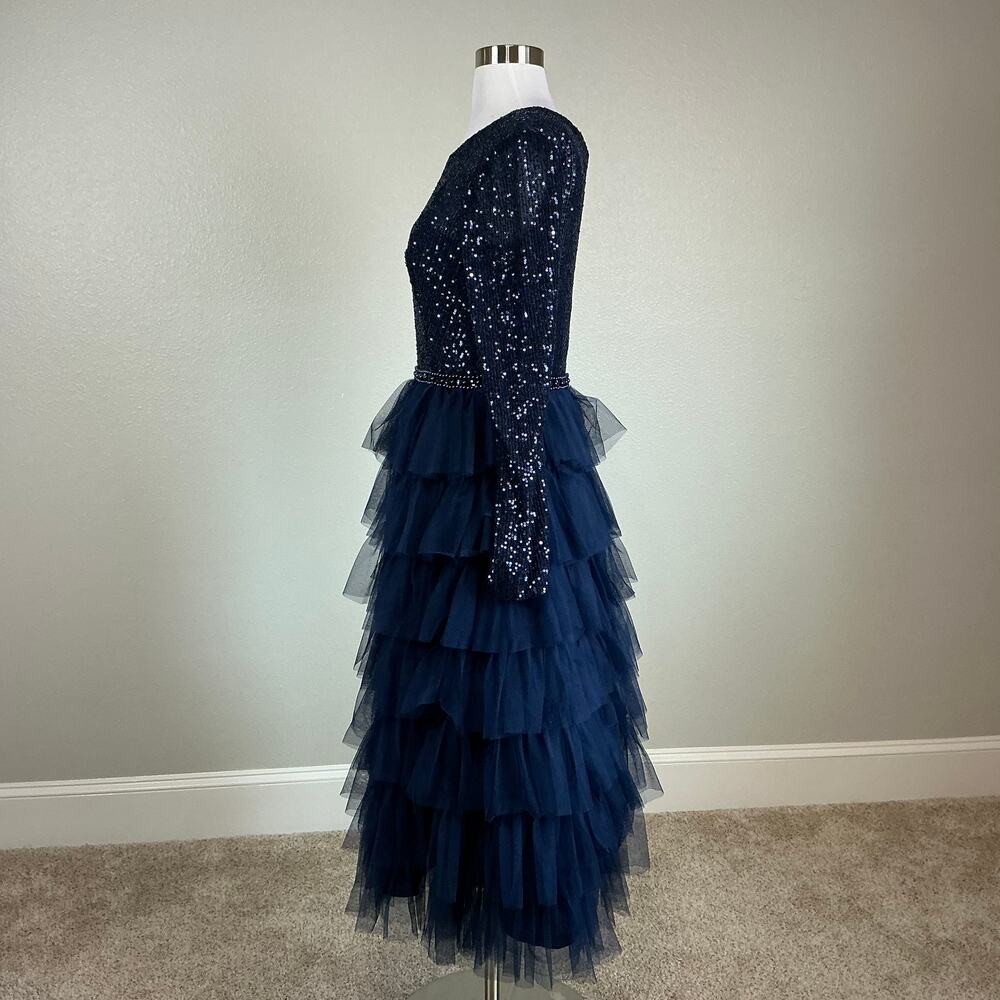 Mac Duggal 26299 Blue Cocktail Dress Sequined Tulle Long Sleeve A-Line Size 14 - Picture 6 of 11